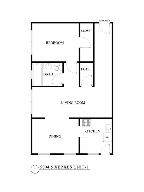 Floor plan for 1 bed, 1 bath, 760 sqft